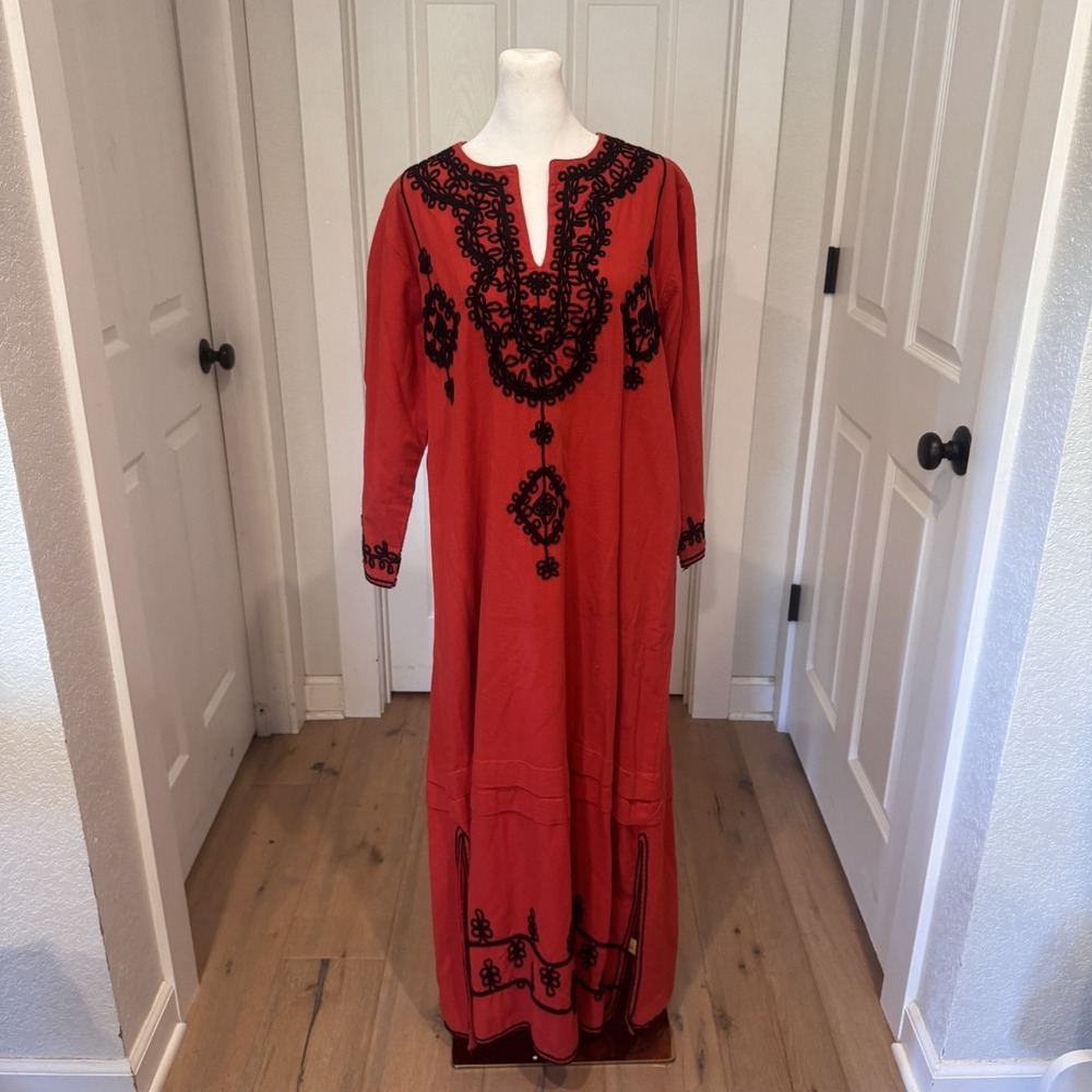 Vintage 70s Red Black Asian Inspired Kaftan Maxi Dress Cotton‎ Made In Thailand